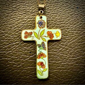 Vintage multicolored floral cloisonné cross on gold choker chain necklace